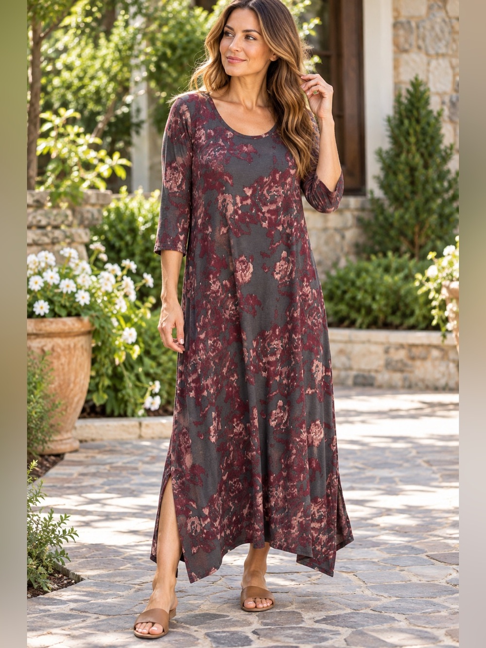 Soft Surroundings Medium Floral Maxi Dress Boho Fall Burgundy Gray 3/4 Sleeve